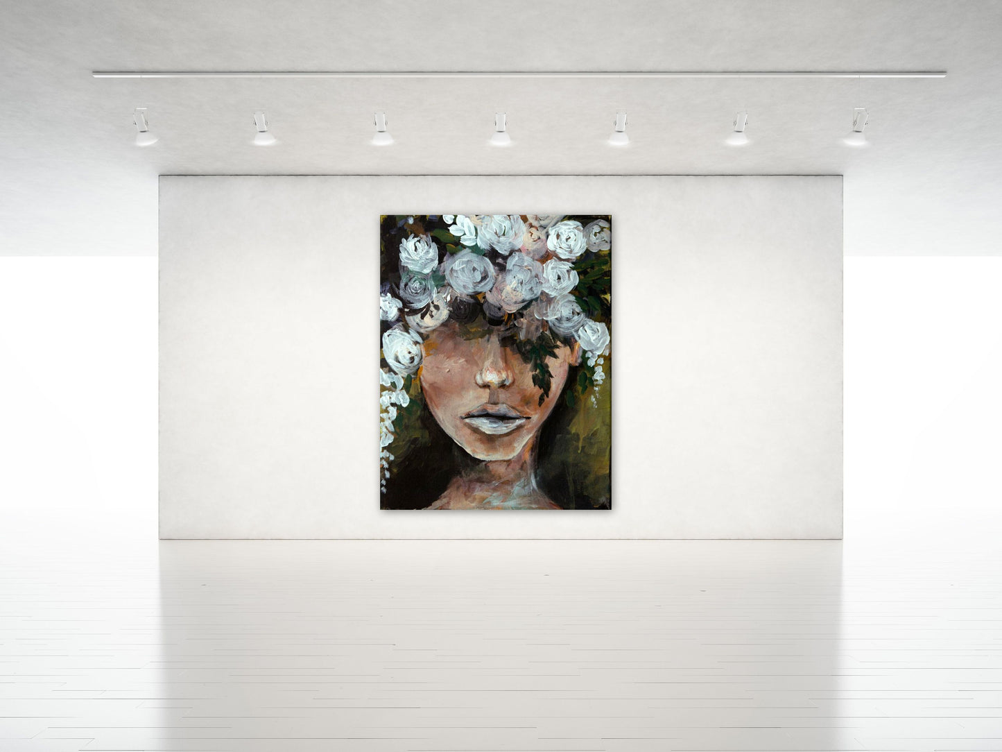 Extra large art print of floral portrait of woman green and white art