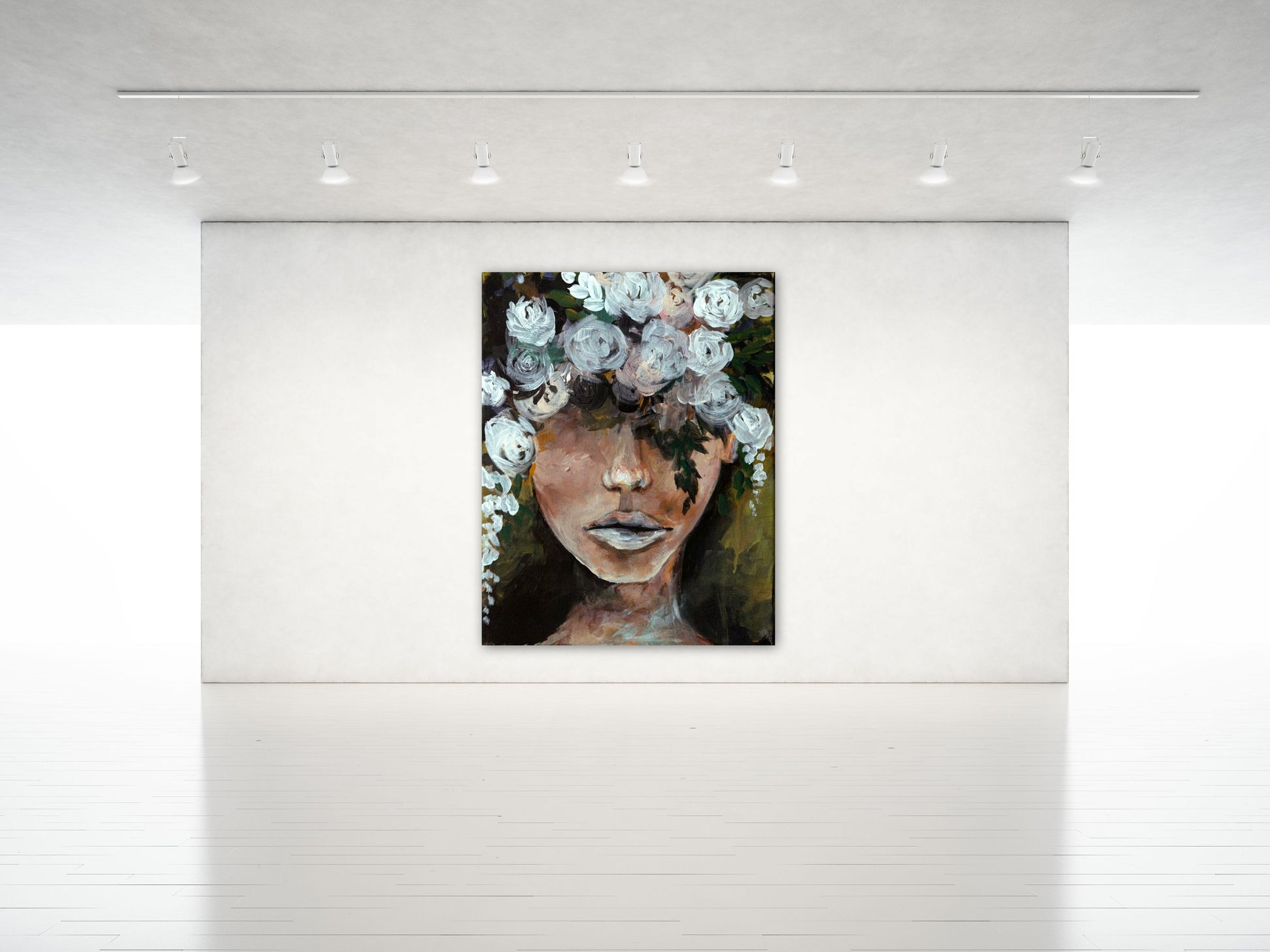 Extra large art print of floral portrait of woman green and white art